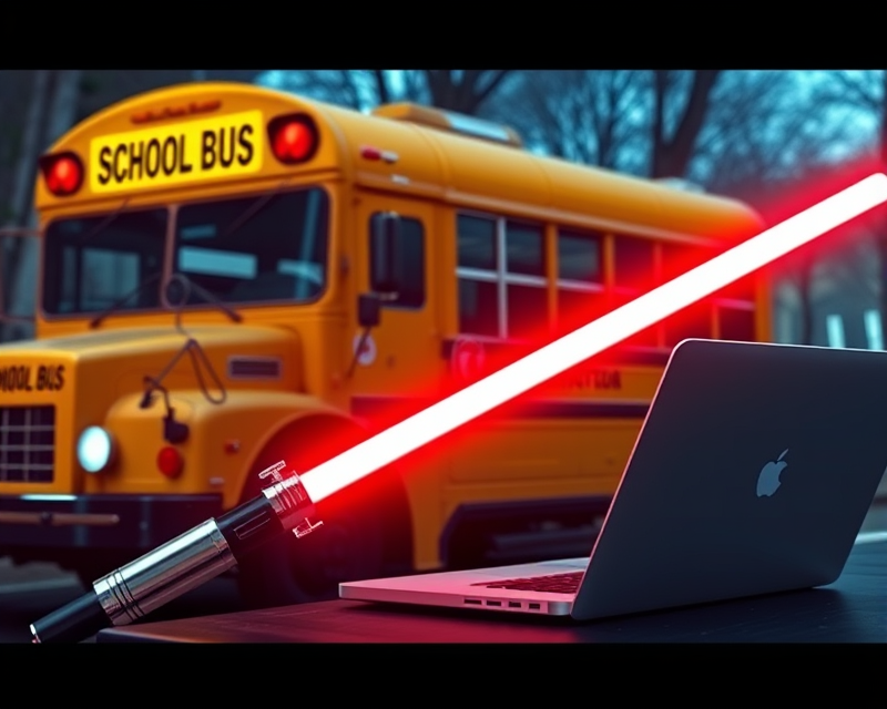 lightsaber, laptop, school bus